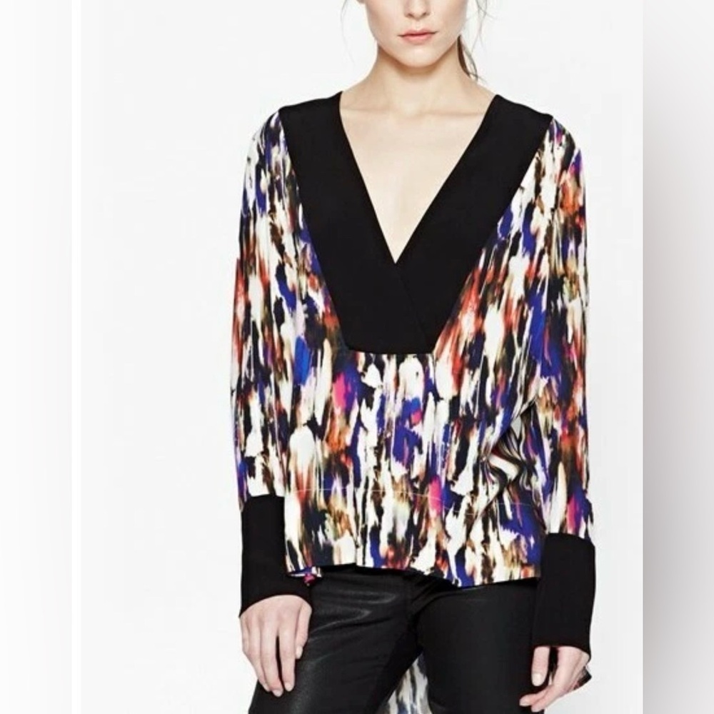 FRENCH CONNECTION | Abstract Multicolor V-Neck High-Low Blouse | Size 10
